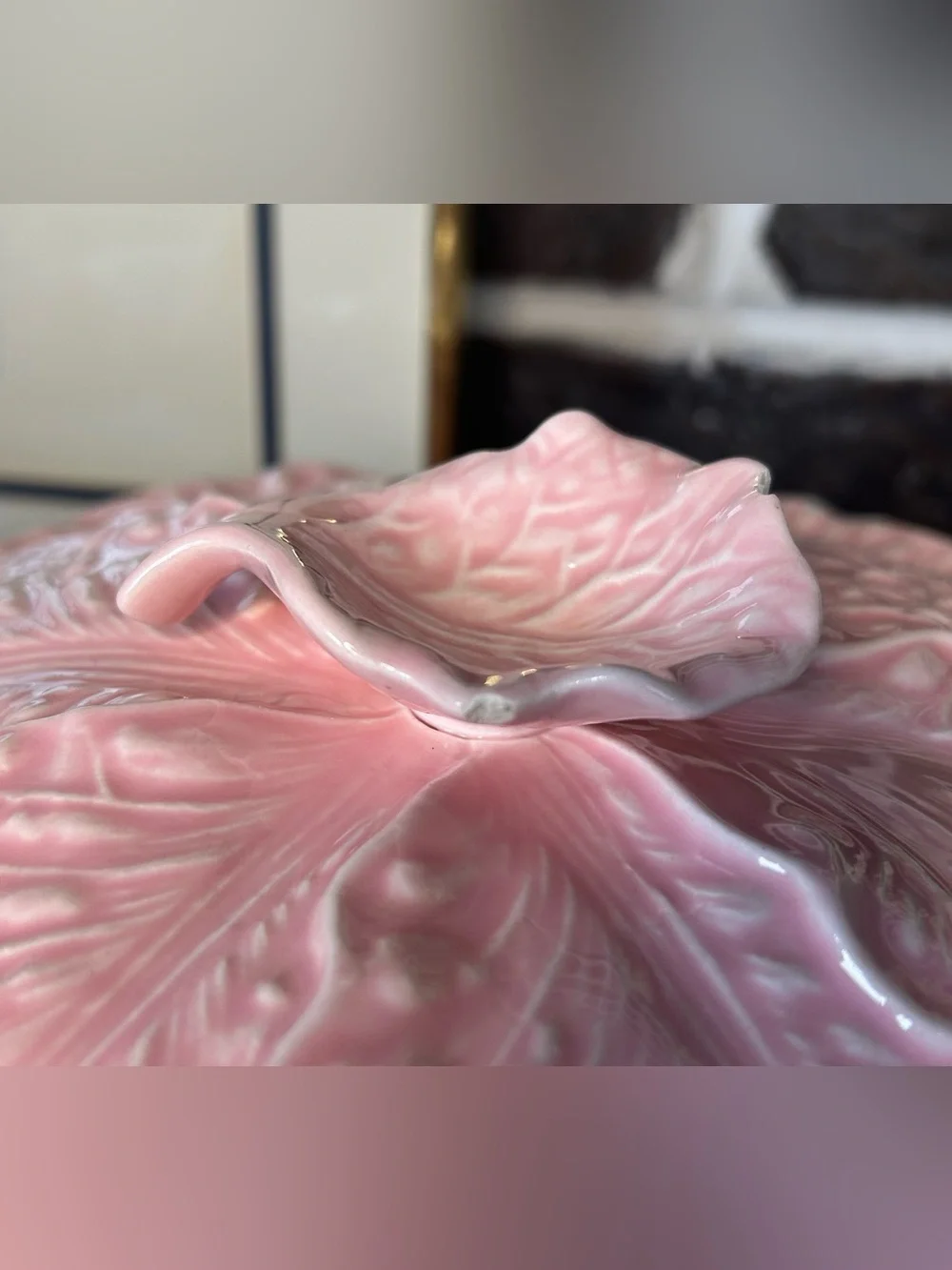 Vintage Pink Cabbage Leaf Casserole Dish with Gold Stand | MCM Miramar Californi